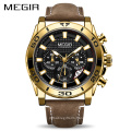 MEGIR 2094 Men's Army Sports Chronograph Quartz Watches Leather Strap Luminous Waterproof Wristwatch Man Clock